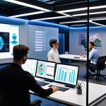 **Prompt:** A futuristic office space with holographic displays showing AI-powered automation processes alongside employees collaborating on creative tasks. The scene should balance technological advancement with human interaction, illustrating the opportunities and challenges of AI automation in the workplace. Focus on a diverse team working together, emphasizing the new job roles created by AI.