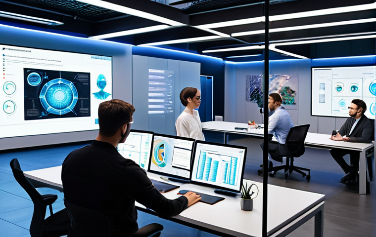**Prompt:** A futuristic office space with holographic displays showing AI-powered automation processes alongside employees collaborating on creative tasks. The scene should balance technological advancement with human interaction, illustrating the opportunities and challenges of AI automation in the workplace. Focus on a diverse team working together, emphasizing the new job roles created by AI.