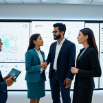 A professional, diverse group of individuals, fully clothed in modest business attire, gathered around a large transparent display in a futuristic yet warm, collaborative tech lab. They are engaged in a thoughtful discussion, looking at ethical AI principles and sustainable data visualizations projected on the screen. The scene conveys innovation, responsibility, and human-AI partnership. Perfect anatomy, correct proportions, natural pose, well-formed hands, proper finger count, natural body proportions. Safe for work, appropriate content, professional, family-friendly.