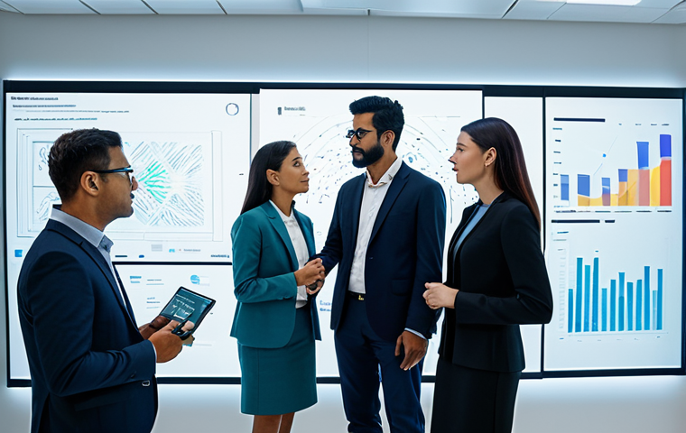 A professional, diverse group of individuals, fully clothed in modest business attire, gathered around a large transparent display in a futuristic yet warm, collaborative tech lab. They are engaged in a thoughtful discussion, looking at ethical AI principles and sustainable data visualizations projected on the screen. The scene conveys innovation, responsibility, and human-AI partnership. Perfect anatomy, correct proportions, natural pose, well-formed hands, proper finger count, natural body proportions. Safe for work, appropriate content, professional, family-friendly.