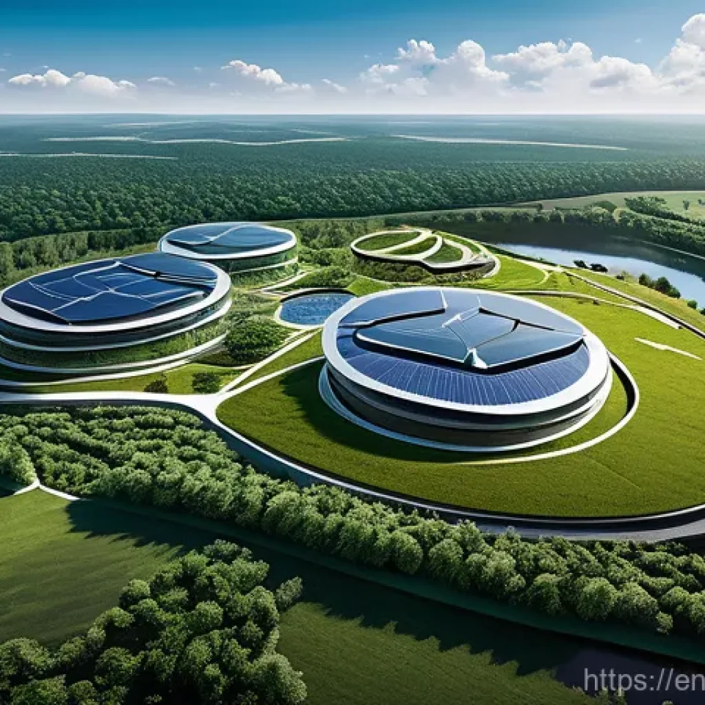 의식적 기술 사용을 통한 지속 가능한 개발 - **Prompt: "A breathtaking aerial view of an ultra-modern, eco-friendly data center campus nestled am...