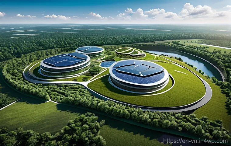 의식적 기술 사용을 통한 지속 가능한 개발 - **Prompt: "A breathtaking aerial view of an ultra-modern, eco-friendly data center campus nestled am...
