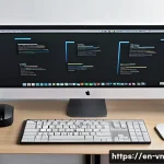 Home 20 의식적 기술 사용과 효율적인 일 처리 - A modern, minimalist home office setup featuring a sleek desk with a large monitor displaying organi...