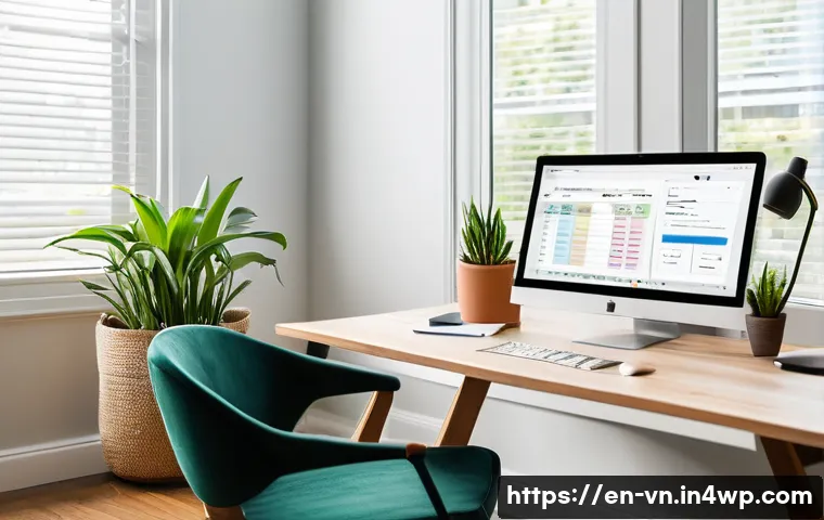 의식적 기술 사용과 자기 계발 - A modern minimalist home office scene with a tidy desk featuring a laptop displaying a focus app blo...