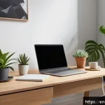 Home 17 의식적 기술 사용과 디지털 상호작용 - A modern, tidy home office scene bathed in natural daylight, featuring a minimalist desk with a sing...