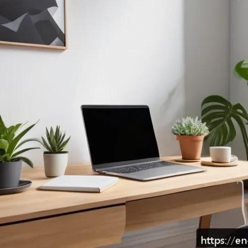 Home 29 의식적 기술 사용과 디지털 상호작용 - A modern, tidy home office scene bathed in natural daylight, featuring a minimalist desk with a sing...