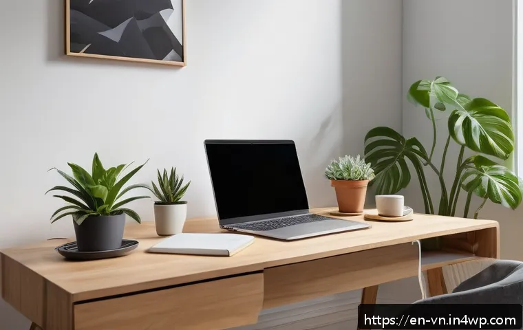 의식적 기술 사용과 디지털 상호작용 - A modern, tidy home office scene bathed in natural daylight, featuring a minimalist desk with a sing...