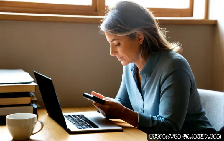 의식적 기술 사용을 통한 스트레스 관리 - Photorealistic lifestyle scene of a relaxed middle-aged woman practicing mindful technology use at a...